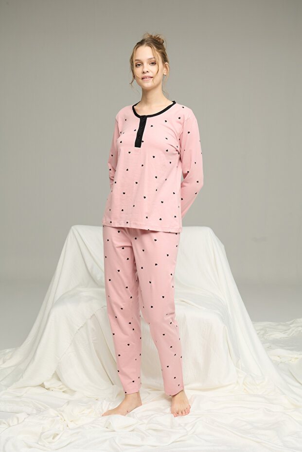 pudra kalp desenli Örme Pamuklu Pijama Takım25240244 - 2