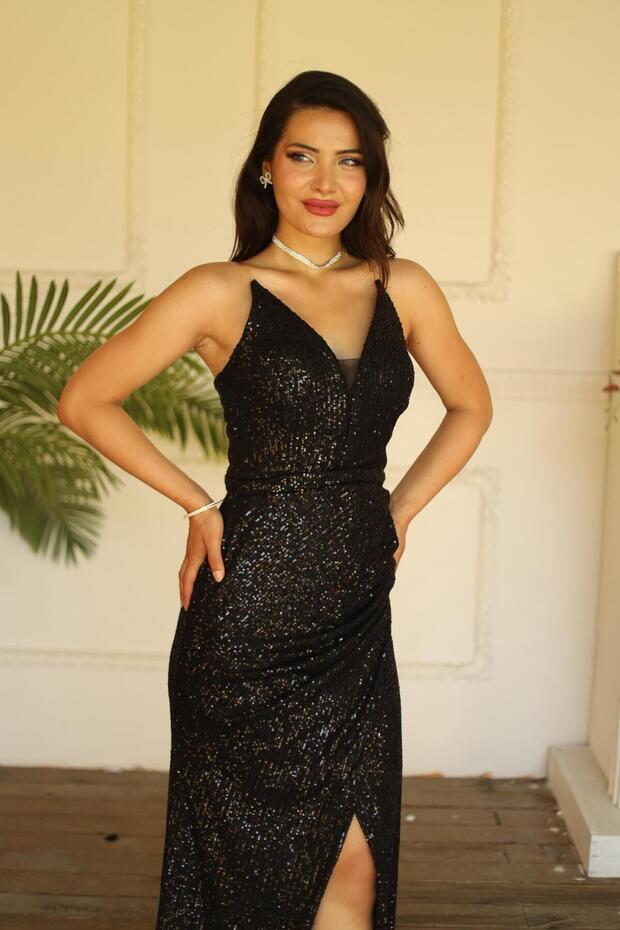 Siyah V Yaka Pullu Payet Elbise - 3