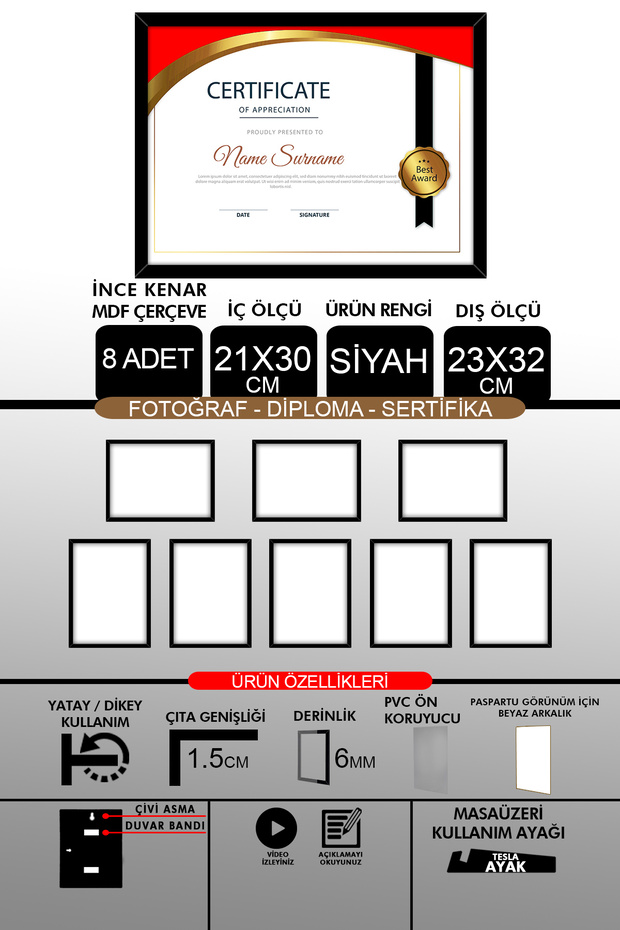 8 قطع إطار 21x30 - إطار A4 ذو شرائح رفيعة - إطار أسود - إطار شهادة الصور