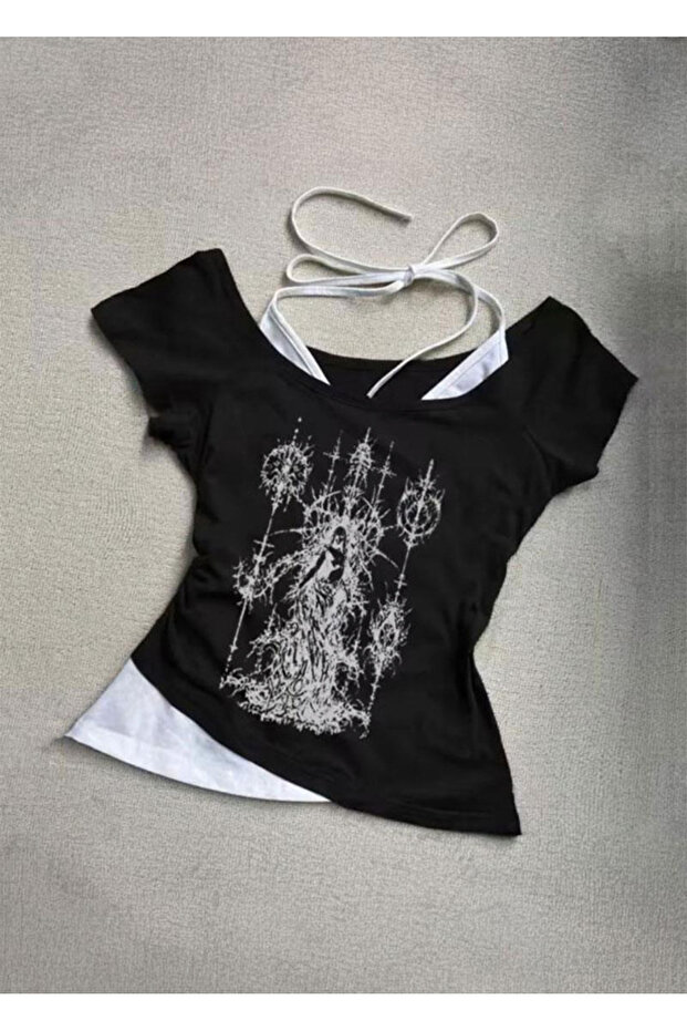 Black Gothic Wizard Angel White Attached Y2K Short Sleeve Crop -Ghostella