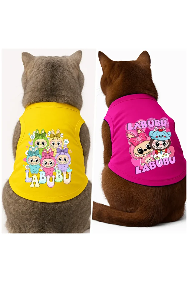 Kedi Kıyafeti Elbiseleri Atlet - 2 Adet Tek Fiyat Labubu Baskılı Pembe ve Sarı Atlet - S Beden - 1
