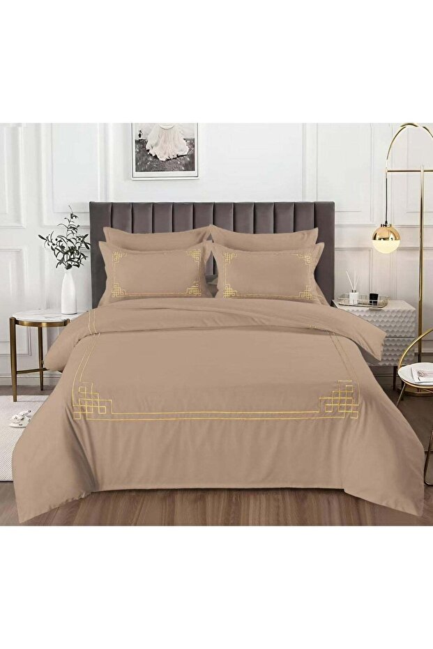 6 Pc Cotton Ultra Soft Geometric King Size Brown Embroidered Comforter Set