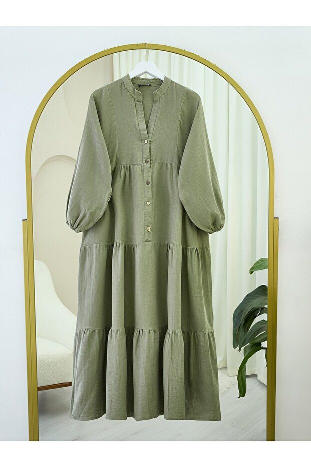 Half Buttoned Piece Muslin Dress - Khaki