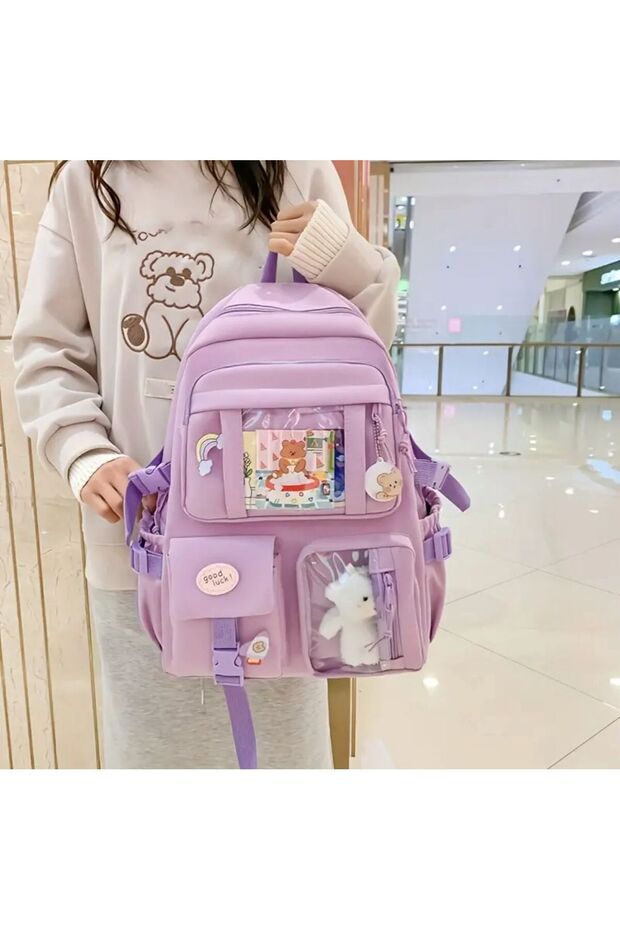 Minga London Lila Kawaii Japon Tarzı Ayıcıklı Okul Sırt Çantası Lila -Rozet dahil değildir