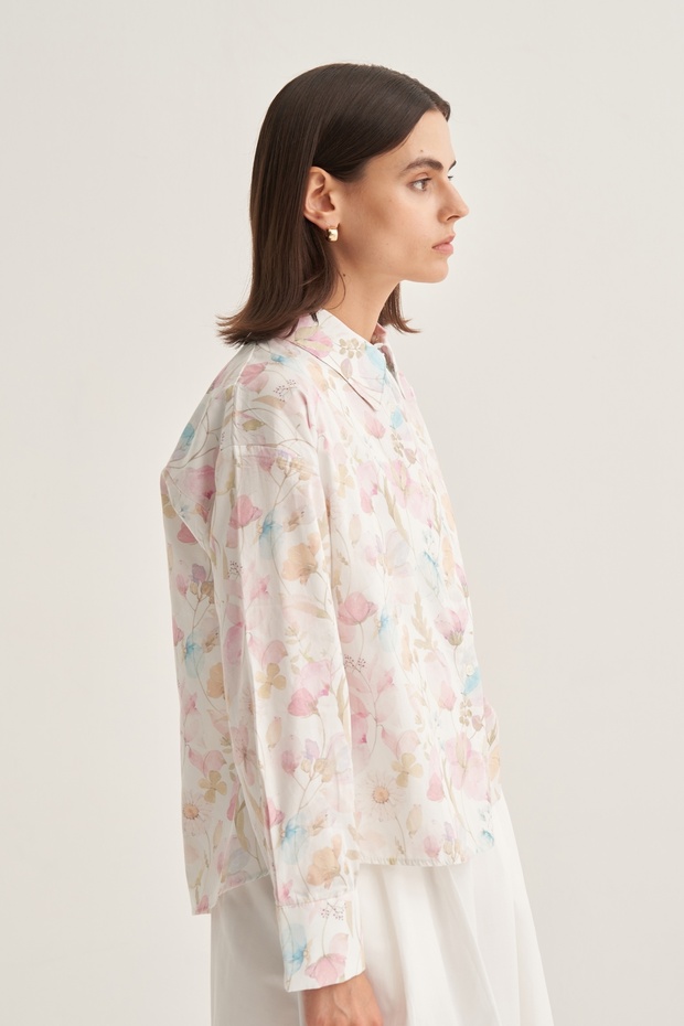 Kadın Poplin Oversize Kısa Gömlek Spring Desen Ekru - 4