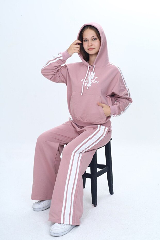 Girls' Sports Tracksuit Set – Oversize, 100% Cotton, 2 Threads, Hooded & Pockets-308