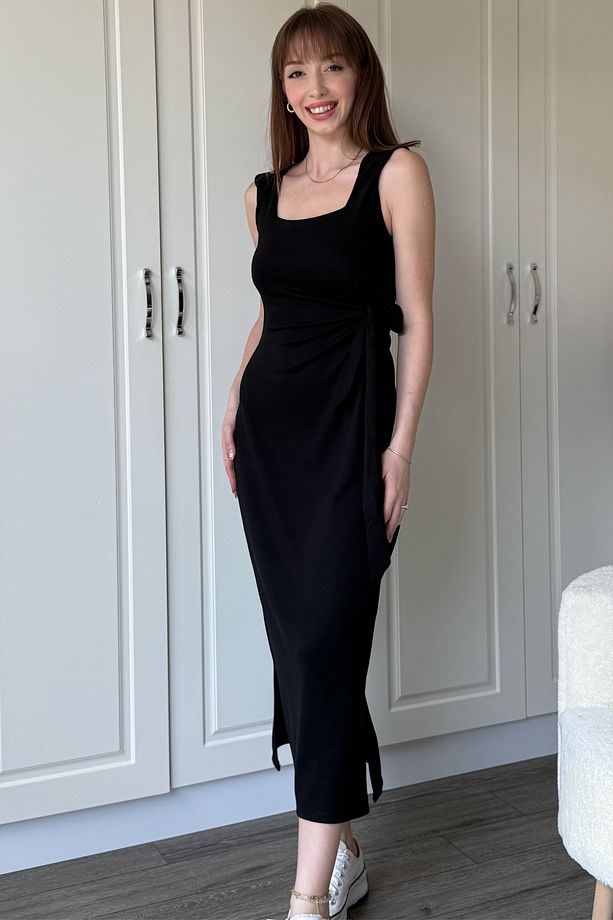 Yandan Bağlamalı Modal Askılı Siyah Elbise - 4