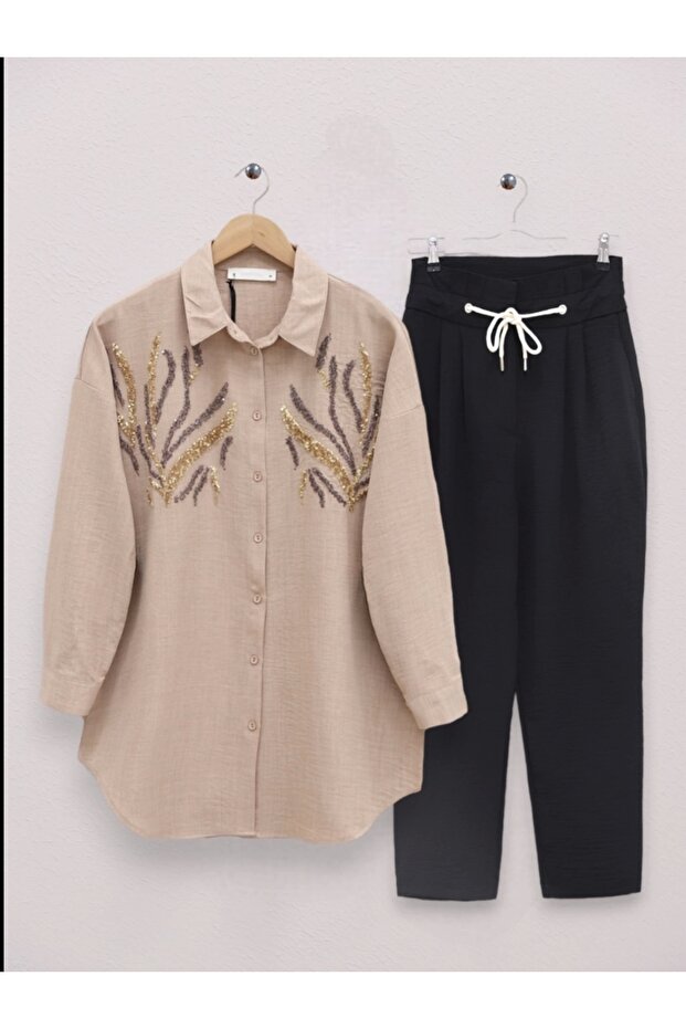 قميص طويل مزين بالترتر على المقدمة - مينك - 2