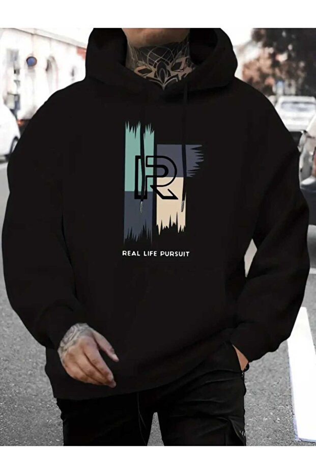 Real Life Pursuit Printed Hooded Pocket Cotton Black Sweatshirt