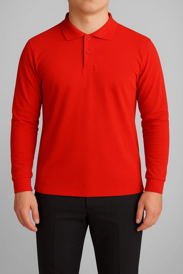 Unisex Red Long Sleeve Polo Neck Lacoste T-Shirt – School High School Adult Suitable 100% Cotton