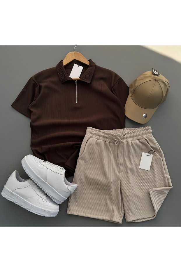 Ribbed Ottoman Premium Fabric Half Zipper Unisex T-Shirt and Shorts Set of 2