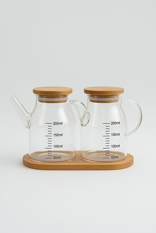 Mini Oil and Sauce Set, with Bamboo Stand and Vacuum Bamboo Lid, 2-Piece 200 ml Salad Set