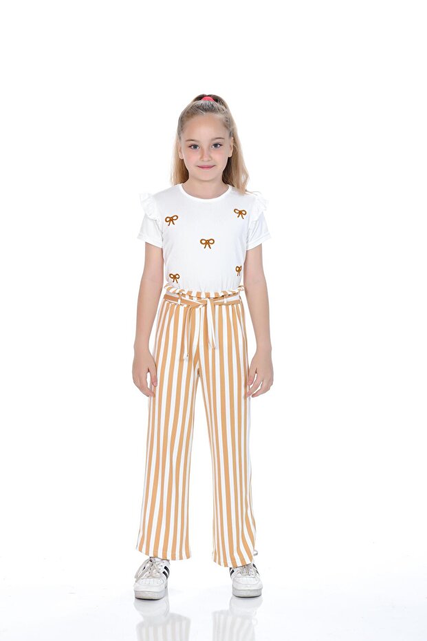 Girls' Suit with Bow Embroidered T-Shirt and Striped Milan Fabric Pants