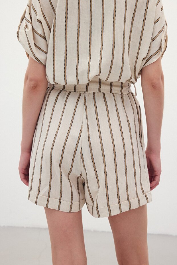 Çizgili Keten Şort - Camel - 7