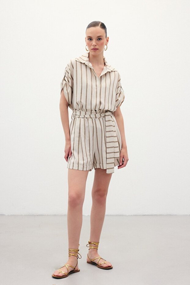 Çizgili Keten Şort - Camel - 4