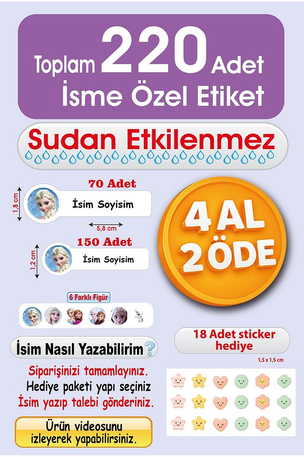 Elsalı Okul Etiketi Suya Dayanıklı Kalem, Defter İsimli Etiket İsim Yazılabilen – 220 Adet - 1