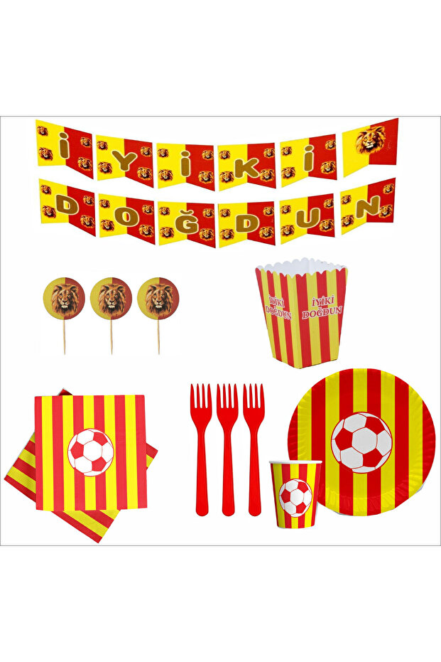 Fan Yellow Red Banner, 8 Plates, 8 Glasses, 8 Corn Boxes, 10 Napkins, 10 Forks, 10 Toothpicks