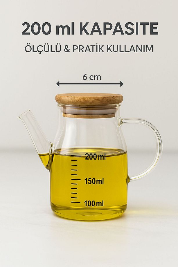 2’li Cam Yağlık Sirkelik Seti 200 ml Ölçülü Borosilikat Cam Yağdanlık + Bambu Stand - 4