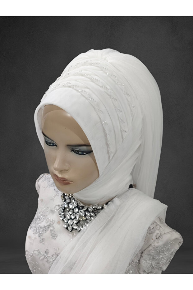 Off White Bridal Head 3 Rows Embroidered Ready Turban Ready Wrap Ready Veil