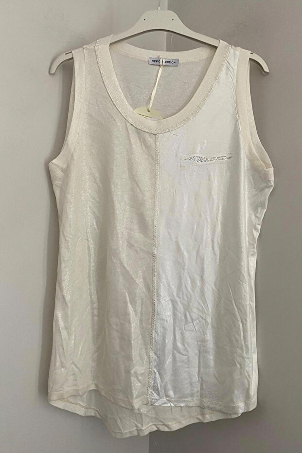 Women's Italian Cream Round Neck Front Side Glitter Sleeveless Zero Sleeve Blouse