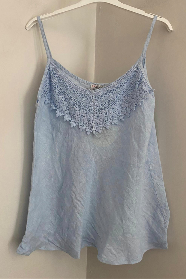 Women's Italian Baby Blue Lace Detailed Collar Plain Pattern Sleeveless Strap Zero Sleeve Linen Blouse