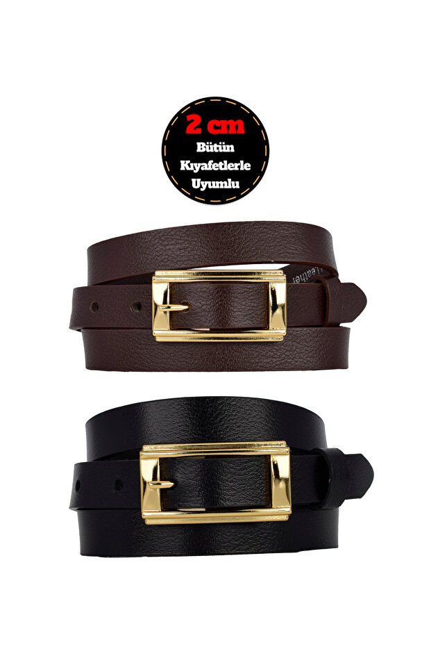 100% Genuine Leather Set of 2 Gold Color Buckle 2 cm Women's Belt Black, Dark Brown Fits All _Y.Dik