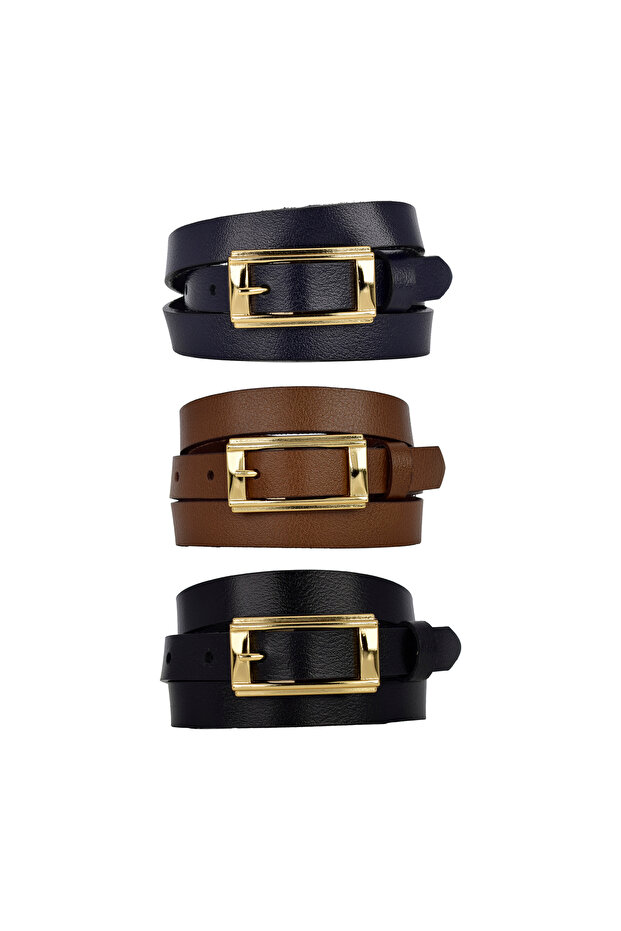 100% Genuine Leather Set of 3 Gold Color Buckle 2 cm Women's Belt Black, Navy Blue, Brown Y.Dik