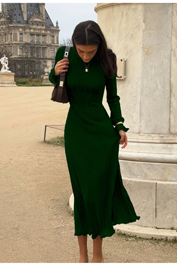 Fitilli Şık Triko Elbise - Zümrüt - 2