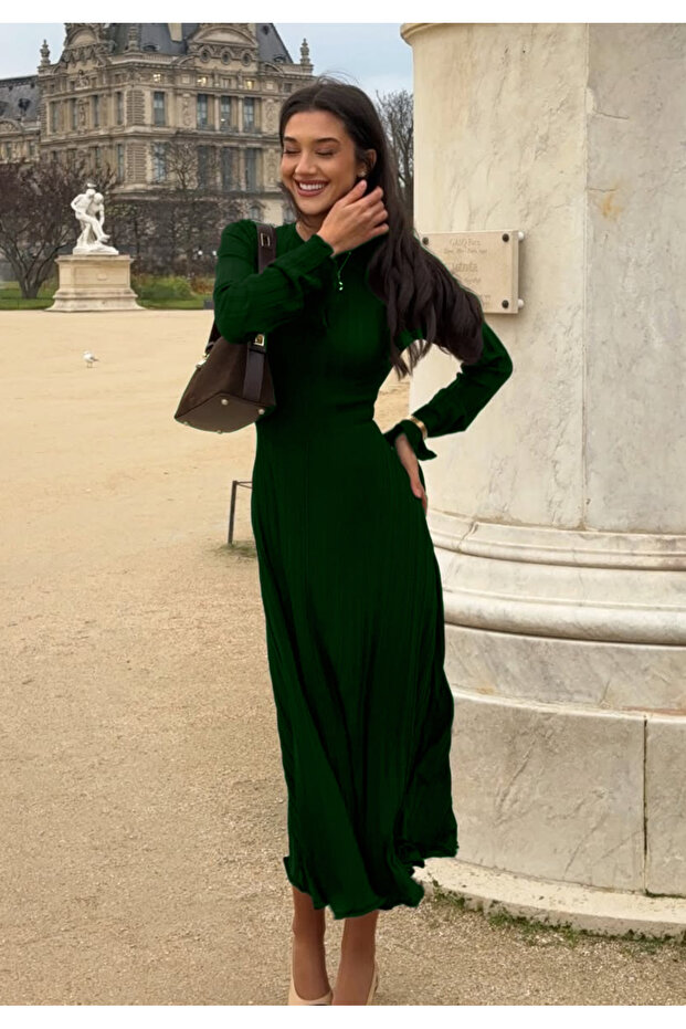 Fitilli Şık Triko Elbise - Zümrüt - 1