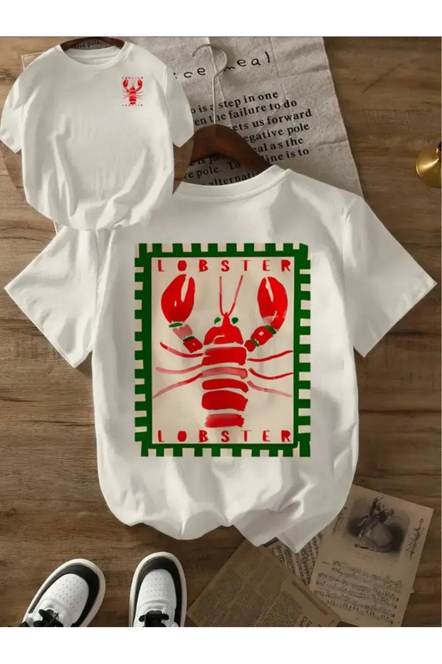 Boys' Lobster Print T-Shirt for Girls with Short Sleeves, Round Neck, Back Print, Stamped Edge