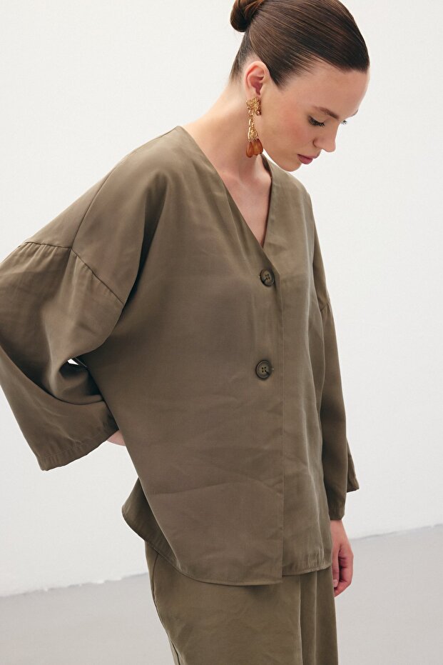 Düğmeli Kimono - Haki - 5