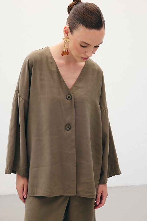 Düğmeli Kimono - Haki - 1