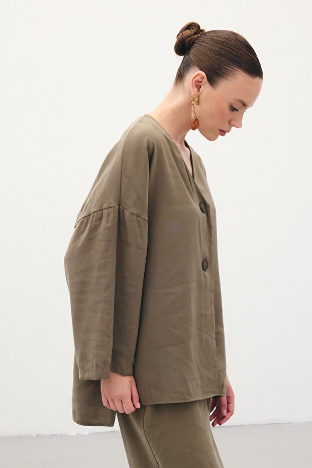 Düğmeli Kimono - Haki - 6