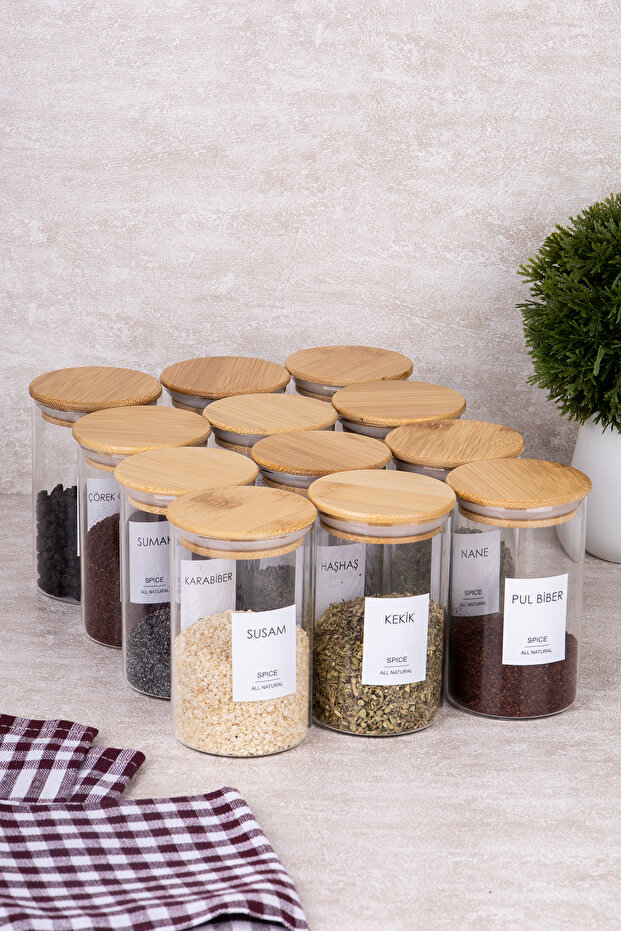 12-Piece Bamboo Vacuum Lid Borosilicate Spice Set Glass Spice Rack Set with Label Gift 250 ml