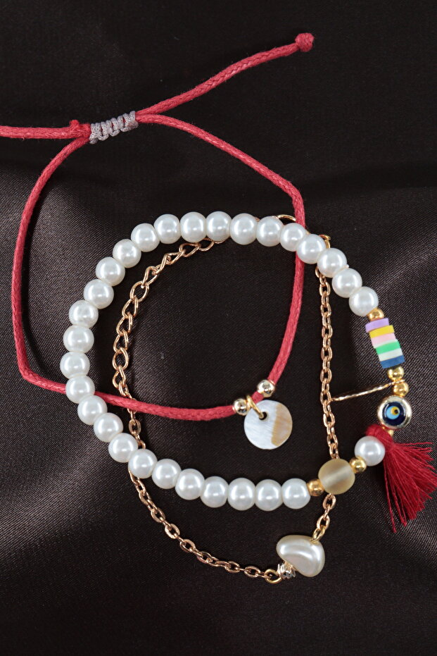 3Pcs Evil Eye Beads Pearl Tassel Elevator Elastic Red Rope Bracelet. Women's Rope Bracelet Anklet