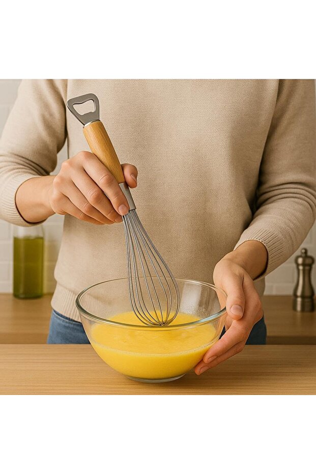 Wooden Handle Stainless Steel Luxury Thick Wire Whisk Egg Cake Pastry Whisk - with Bottle Opener