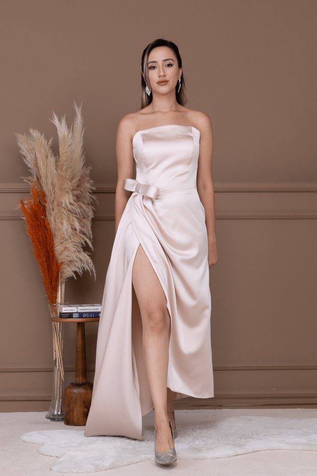 Atlas Fabric Strapless Evening Dress - Beige