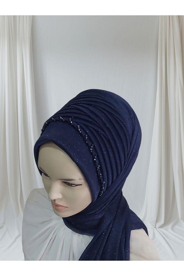 Lacivert işlemeli model hazır duvak hazır şal hazır türban - 3