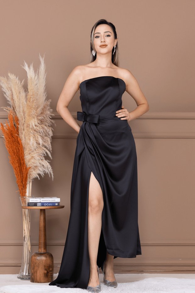 Atlas Fabric Strapless Evening Dress - Black
