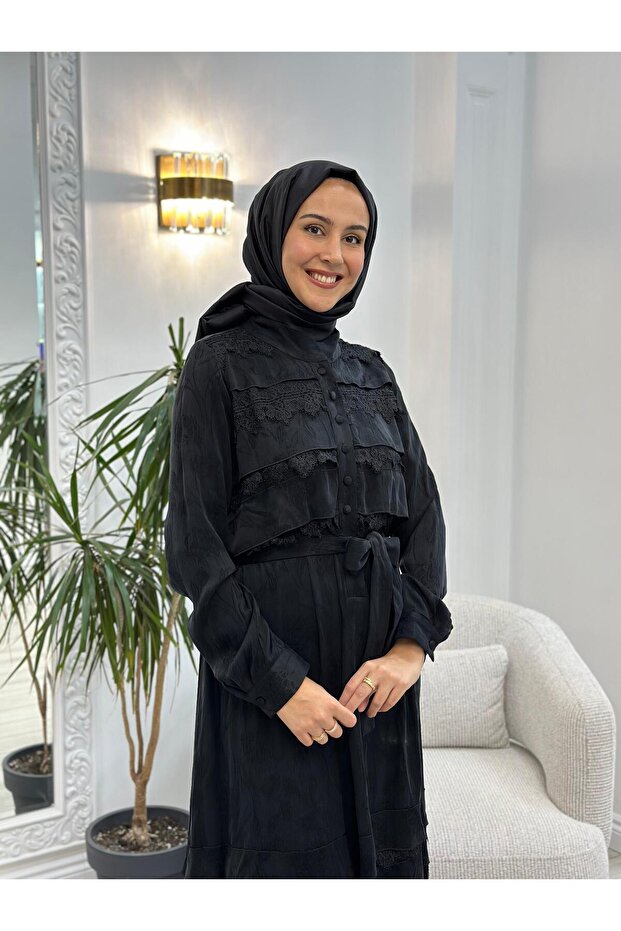 Dantelli Siyah Elbise 36816 - 3