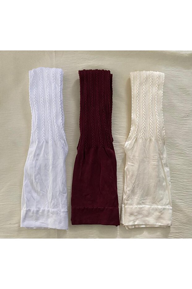 3-Piece Girl's Patterned Colorful Medium Thick Seasonal Pantyhose Claret Red & White & Vanilla