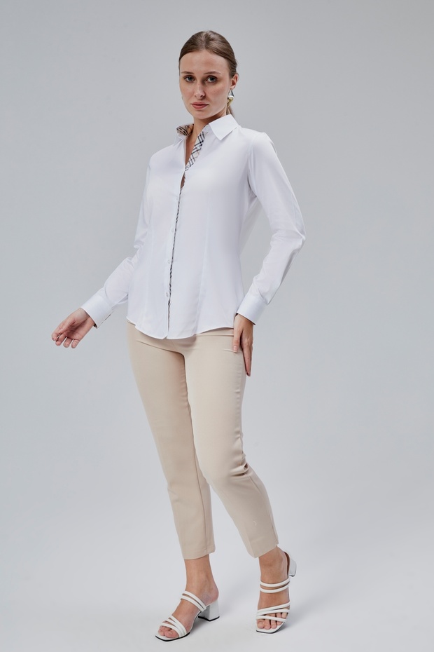 White Cotton Satin Lycra Brbry Fabric Detailed Slim Fit Women's Shirt