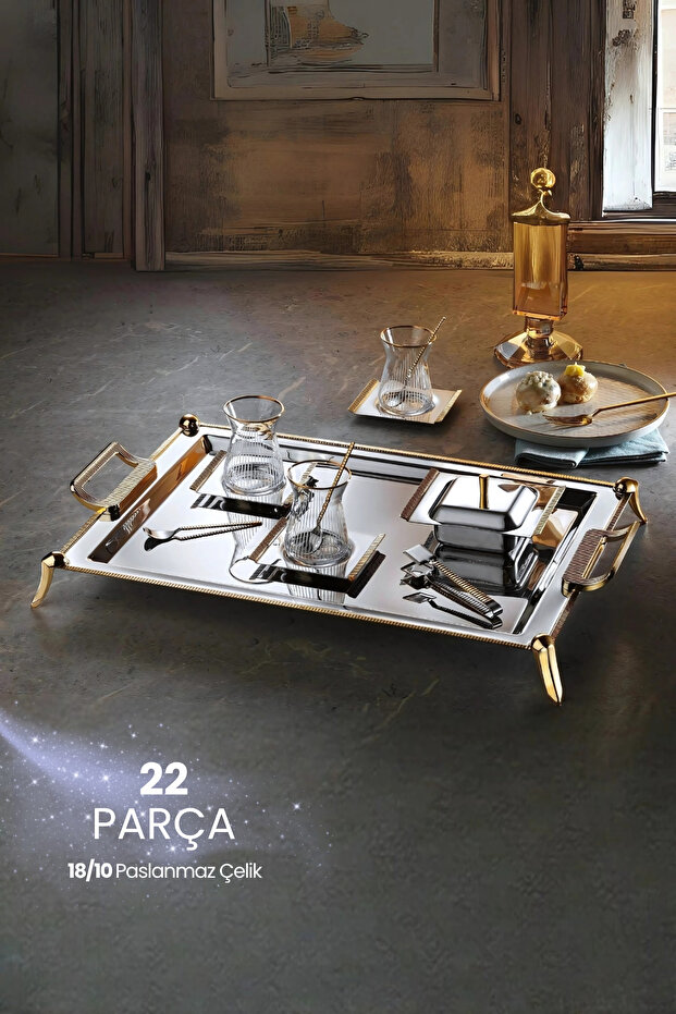 Anes 22 Piece Tea Set for 6 People with Stand 18/10 Stainless Steel Cup Tray Dowry Set