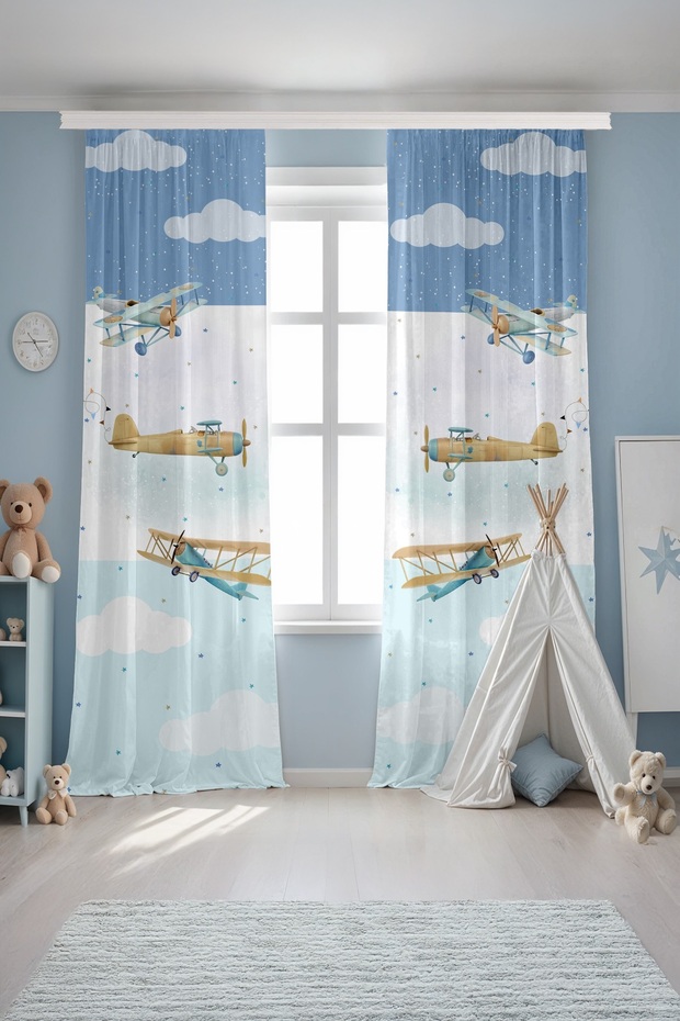 Striped Blue Planes Patterned Children's Baby Room Background Curtain (Single Wing Pricing)
