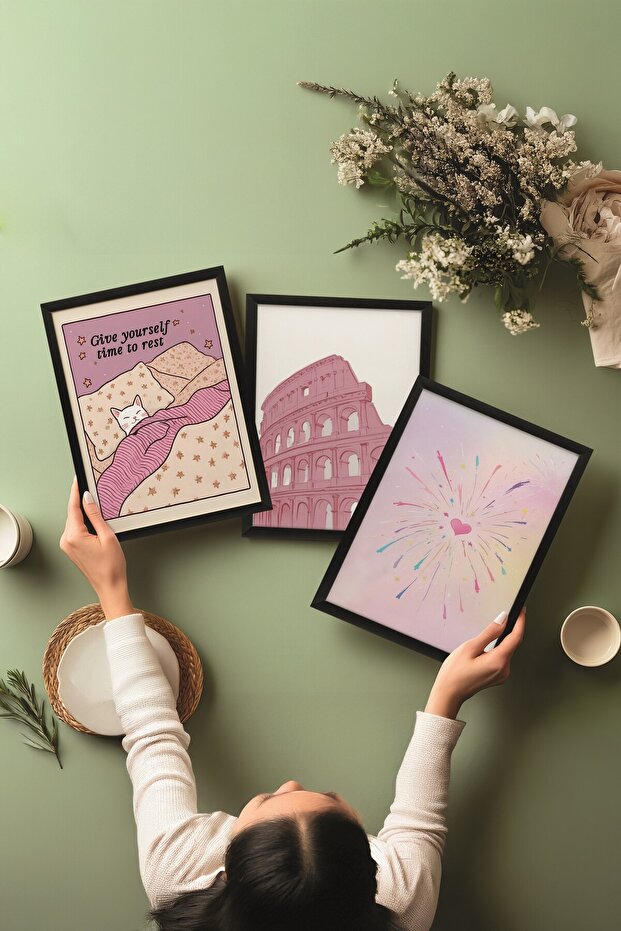 Siyah Tablo Seti, 3 Adet Siyah Çerçeveli Poster Time to Rest Model No:300803, Pembe Duvar Dekoru - 3