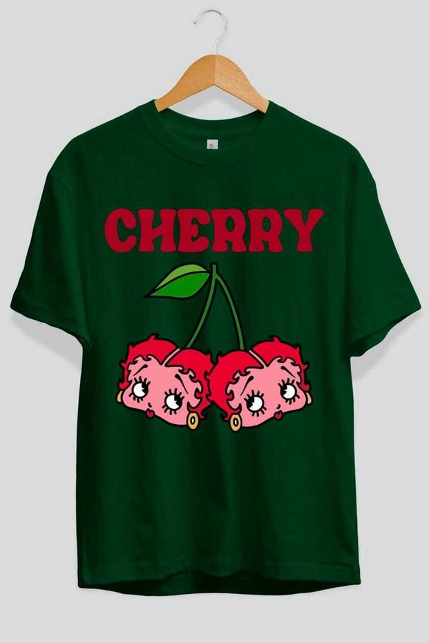 Cherry Cherries 10 Pre-Printed Green Oversize T-Shirt Men Women Cotton Crew Neck T-Shirt