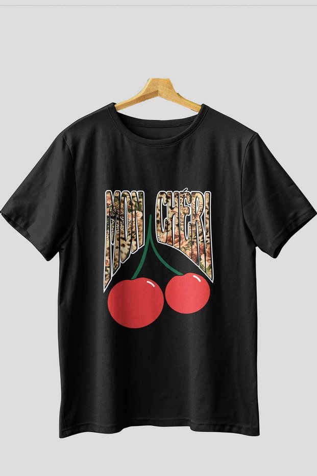 Mon Cherry Cherries Front Printed Black Oversize T-Shirt Men Women Cotton Crew Neck Tshirt