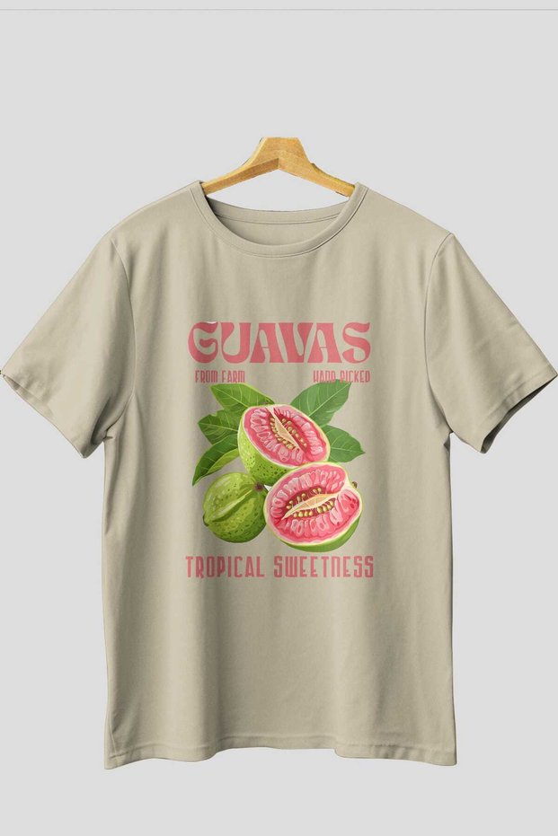 Guavas Front Printed Beige Oversize T-Shirt Men Women Cotton Crew Neck T-Shirt