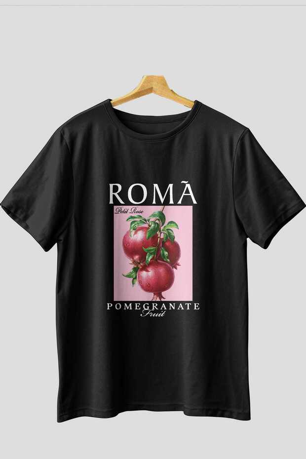 Roma Pomegranate Pomegranate Front Printed Black Oversize T-Shirt Men Women Cotton Crew Neck T-Shirt