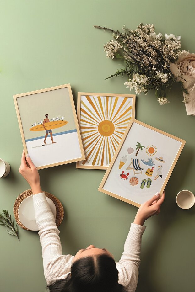 Ahşap Tablo Seti, 3 Adet Ahşap Çerçeveli Poster Yellow summer Model No:300832, Sarı Duvar Dekoru - 3